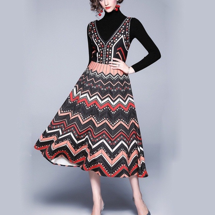 

Turtleneck Sweater Long Section Sleeveless Two-piece Big Swing Dress (Color:Black Size:XXL)