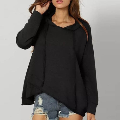 

Solid Color Hooded Irregular Hem Women Sweatshirt (Color:Black Size:S)