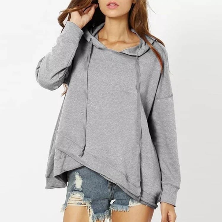 

Solid Color Hooded Irregular Hem Women Sweatshirt (Color:Grey Size:S)