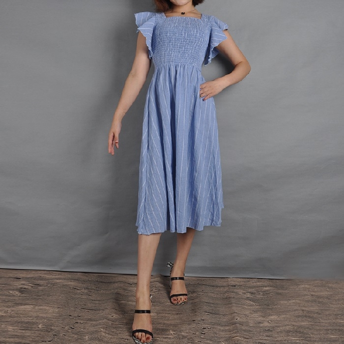 

Striped Square Collar Lotus Sleeve Slim Denim Dress (Color:Blue Size:M)