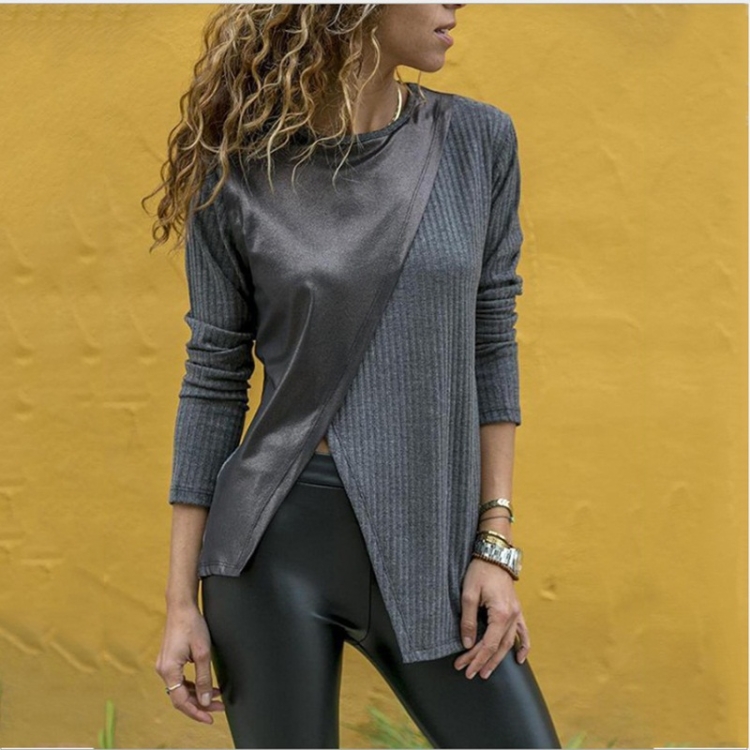 

Stitching Round Neck Long-sleeved T-shirt (Color:Dark Gray Size:M)