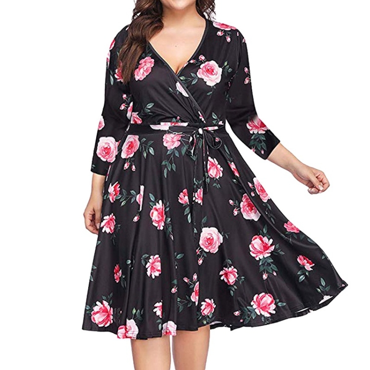 

Long-sleeved Print Plus Size Dress (Color:Black Size:XL)