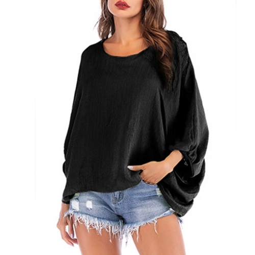 

Round Neck Loose Bat Sleeve Solid Color Female Shirt (Color:Black Size:XL)