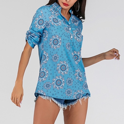 

V-neck Floral Long-sleeved Loose Printed Womens Shirt (Color:Blue Size:M)
