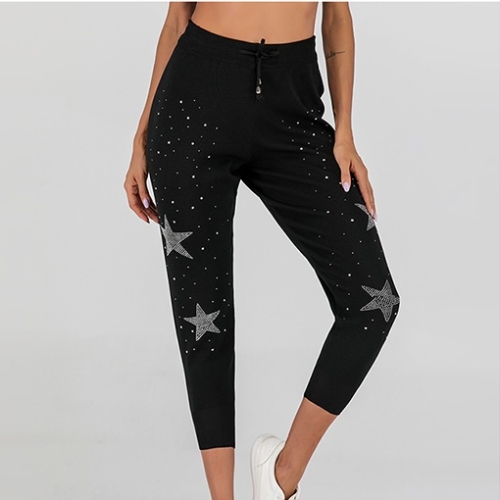 

Elastic Five-pointed Hot Pearl Nine Points Women's Casual Pants (Color:Black Size:S)