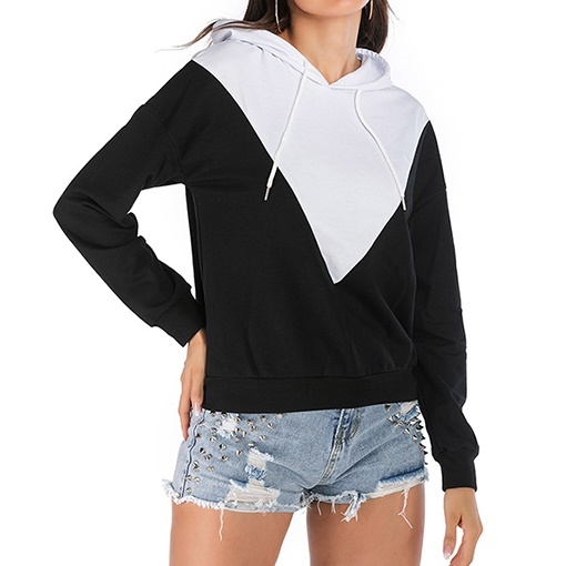 

Stitching Hit Color Hooded Women Sweatshirt (Color:Black White Size:S)
