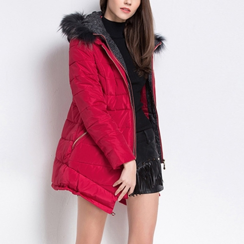 

Fur Collar Hooded Fake Two-piece Long Down Jacket (Color:Red Size:M)