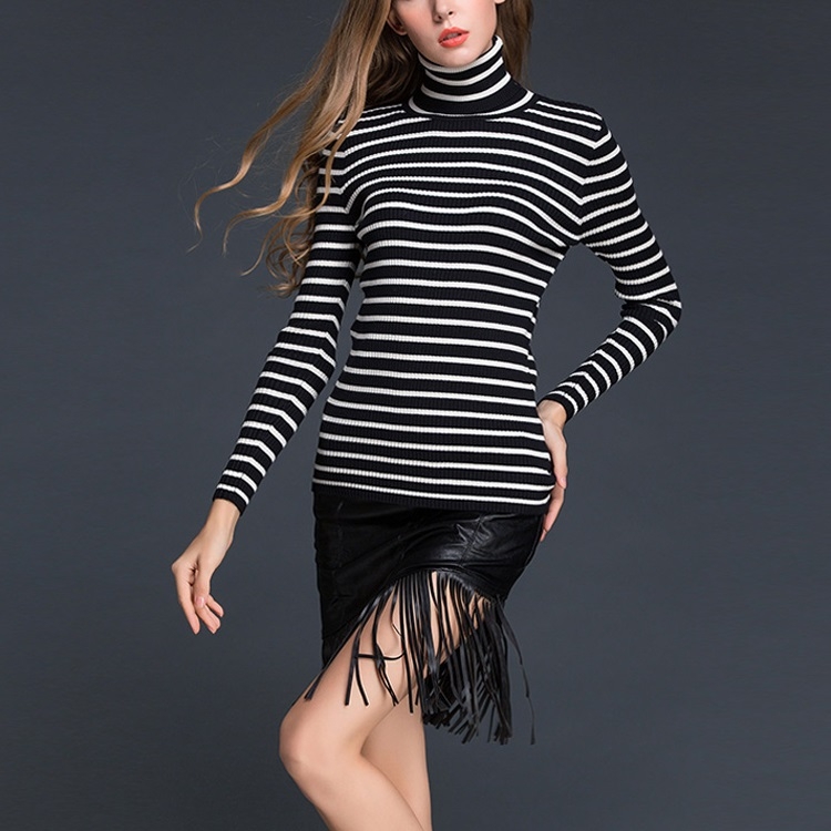 

Contrast High Collar Pullover Long Sleeve Sweater Striped Bottoming Shirt(Color:Black White Size:One Size)
