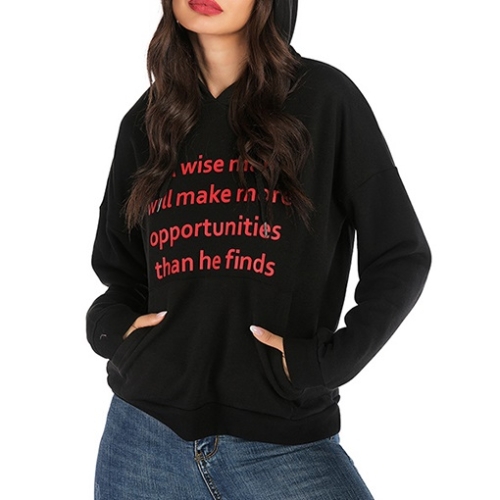 

Letter Printed Long Sleeve Hooded Women Sweatshirt (Color:Black Size:S)