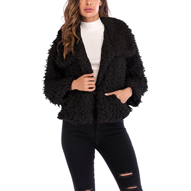 

Lapel Long-sleeved Plush Coat (Color:Black Size:M)