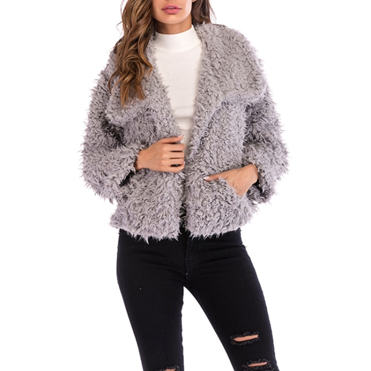 

Lapel Long-sleeved Plush Coat (Color:Grey Size:XXL)