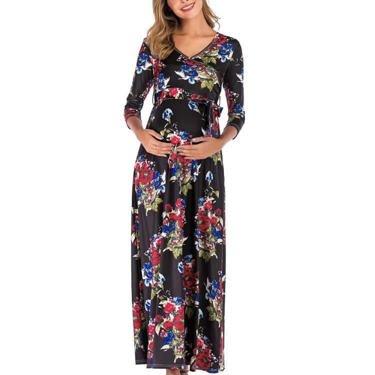 

Women Deep V-Neck Waist Cropped Sleeve Maternity Dress (Color:Black Size:L)