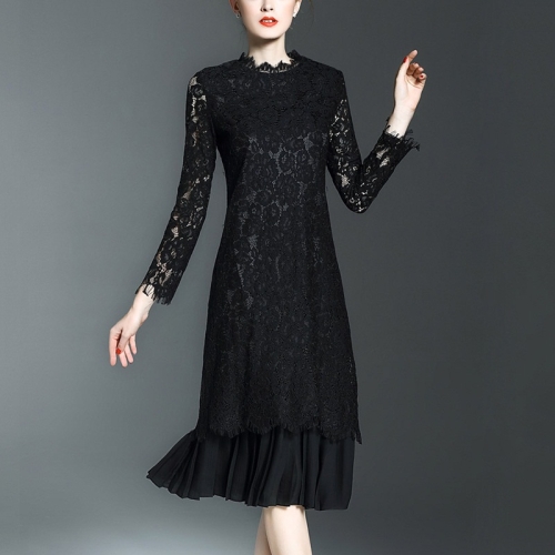 

Loose Long-sleeved Lace Dress Temperament Slim (Color:Black Size:S)