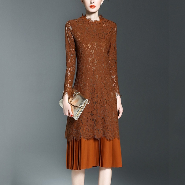 

Loose Long-sleeved Lace Dress Temperament Slim (Color:Yellow Size:L)