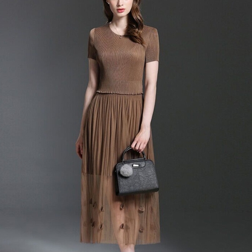 

Elegant Temperament Pleated Skirt Thin Dress (Color:Brown Size:One Size)