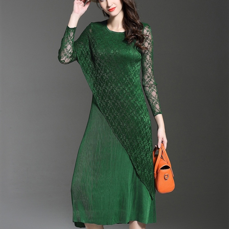 

Fold Was Thin Lace Long-sleeved Bottoming Dress (Color:Green Size:One size)
