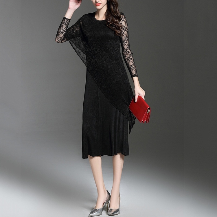 

Fold Was Thin Lace Long-sleeved Bottoming Dress (Color:Black Size:One size)