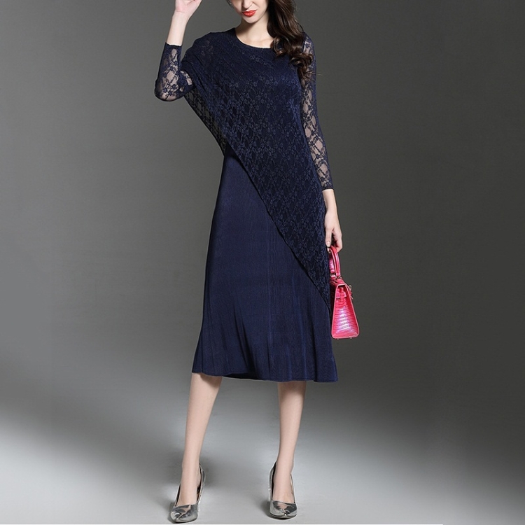 

Fold Was Thin Lace Long-sleeved Bottoming Dress (Color:Navy Blue Size:One size)
