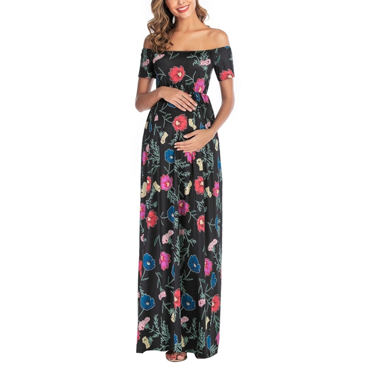 

Short Sleeve Flat Shoulder Print Lapel Maternity Dress (Color:Black Size:S)