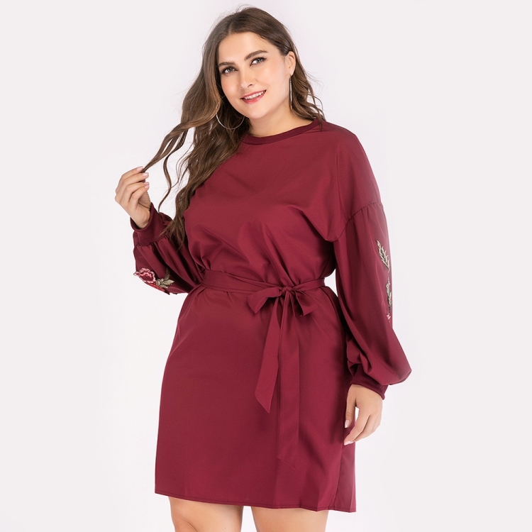 

Women Plus Size Strap Print Embroidered Round Neck Long Sleeve Dress (Color:Red Size:XL)