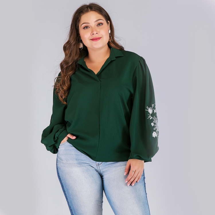 

Plus Size Women Print Embroidered Lantern Sleeve V-Neck Long Sleeve Blouse (Color:Green Size:XXL)