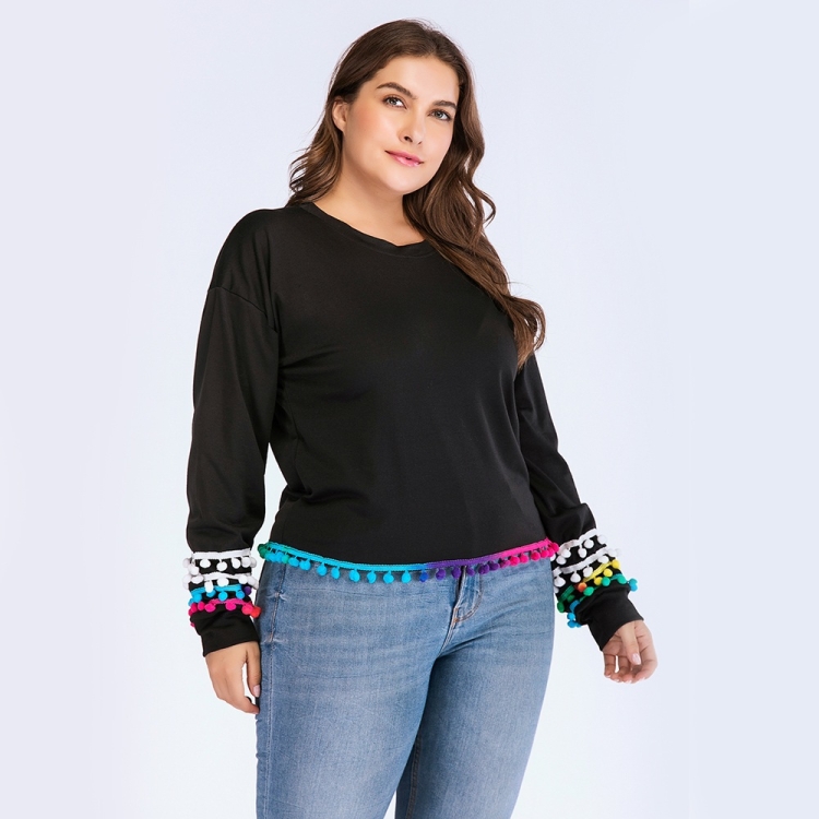 

Plus Size Women Solid Color Round Neck Long Sleeve Blouse (Color:Black Size:XL)