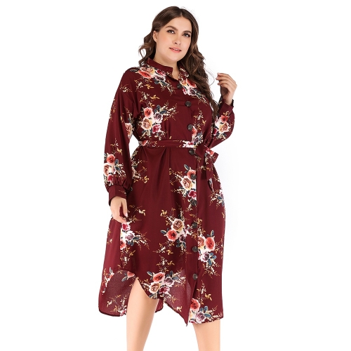 

Plus Size Women Printed Round Neck Long Sleeve Dress (Color:Red Size:XXL)