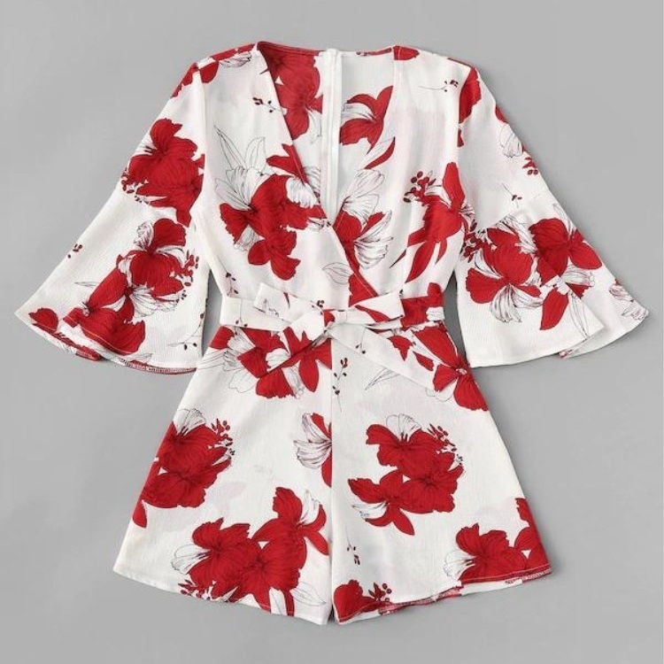 

Deep V-neck Flared Sleeve Print Jumpsuit (Color:White Size:S)