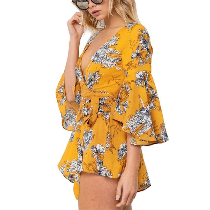 

Deep V-neck Flared Sleeve Print Jumpsuit (Color:Yellow Size:L)