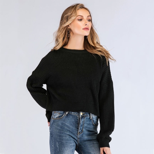 

Round Neck Long Sleeve Solid Color Loose Sweater (Black)