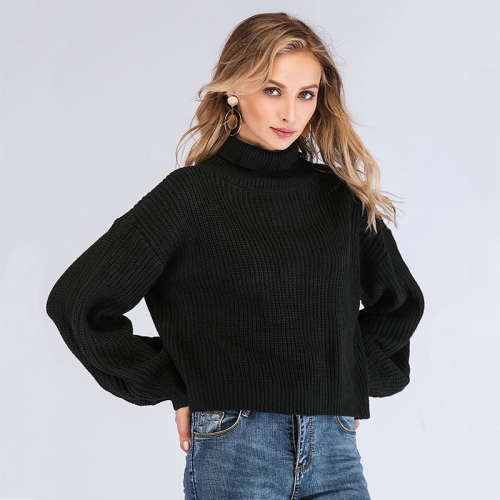 

High Collar Long Sleeve Solid Color Lantern Sweater (Color:Black Size:One Size)