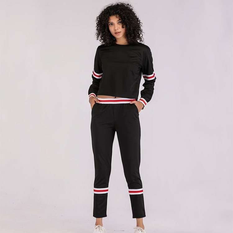 

Casual Round Neck Long Sleeve Splicing Two-piece Suit (Color:Black Size:M)