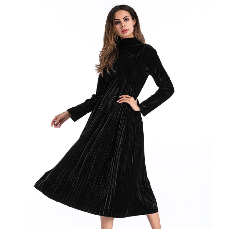 

Solid Color Turtleneck Long Sleeve Midi Dress (Color:Black Size:S)