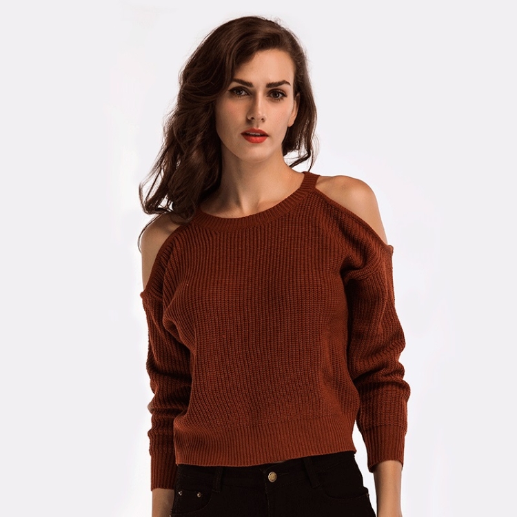 

Pure Color Off-Shoulder Loose Slim Pullover Knit Sweater(Color:Dark Brown Size:One Size)