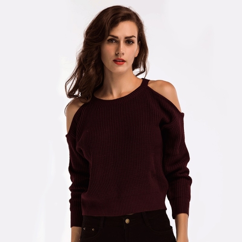 

Pure Color Off-Shoulder Loose Slim Pullover Knit Sweater(Color:Dark Red Size:One Size)