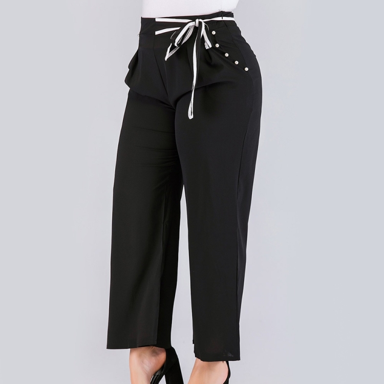 

Plus Size Women Solid Color Pearl High Waist Casual Pants (Color:Black Size:XL)