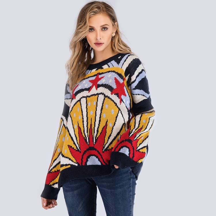 

Round Neck Long Sleeve Printed Loose Pullover Sweater(Color:As Show Size:One Size)