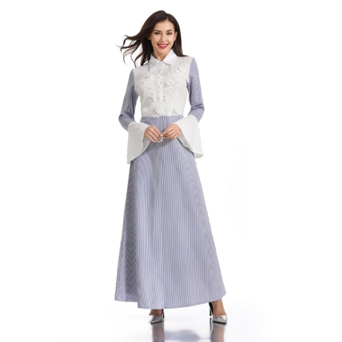 

Women Shirt Collar Beaded Embroidered Striped Flare Sleeve Dress (Color:Blue Stripes Size:L)