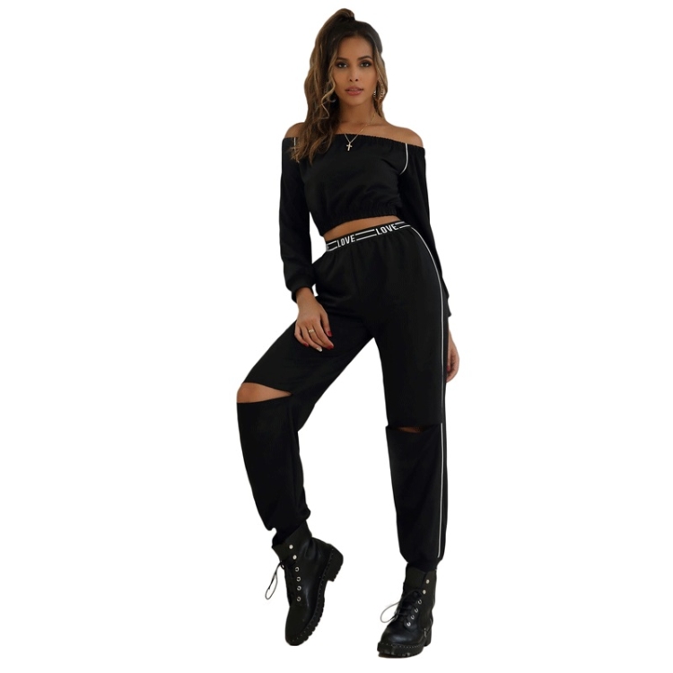 

Off-the-shoulder Top Sports Pants Suit (Color:Black Size:S)