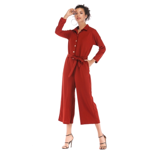 

Single-breasted Belted Lace-up Jumpsuit Solid Color Lapel Wide Leg Pants Suits (Color:Wine Red Size:XL)