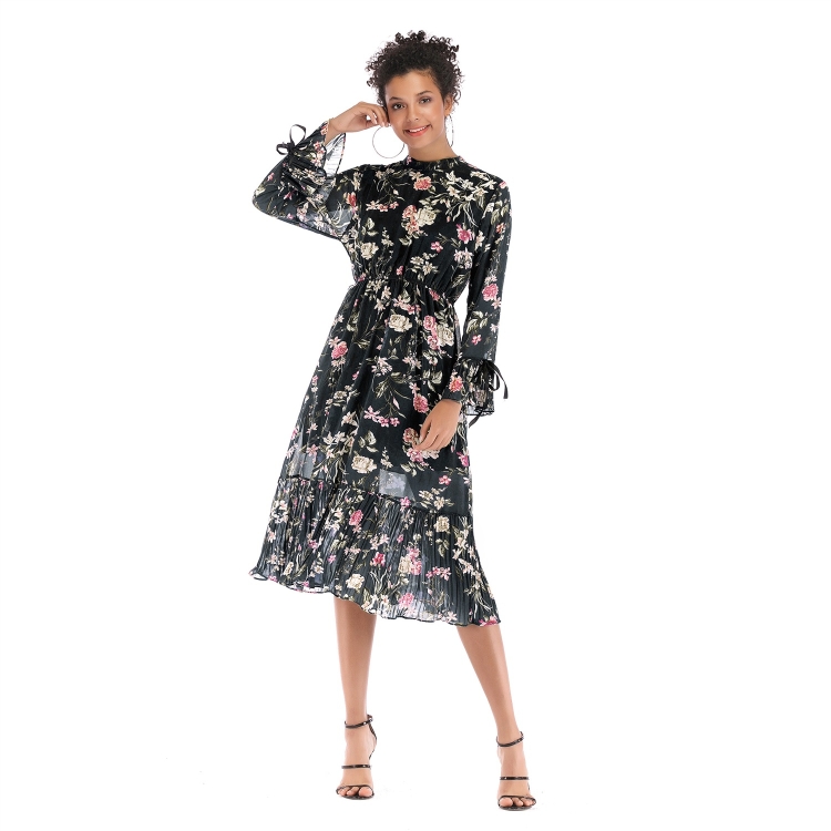

Long-sleeved Lace-up Chiffon Skirt Dress (Color:Black Size:L)