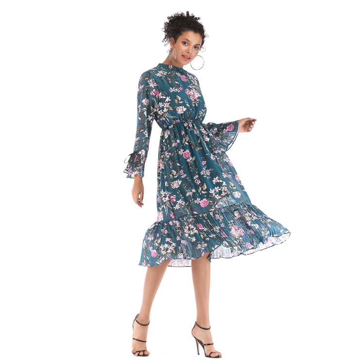 

Long-sleeved Lace-up Chiffon Skirt Dress (Color:Blue Size:M)