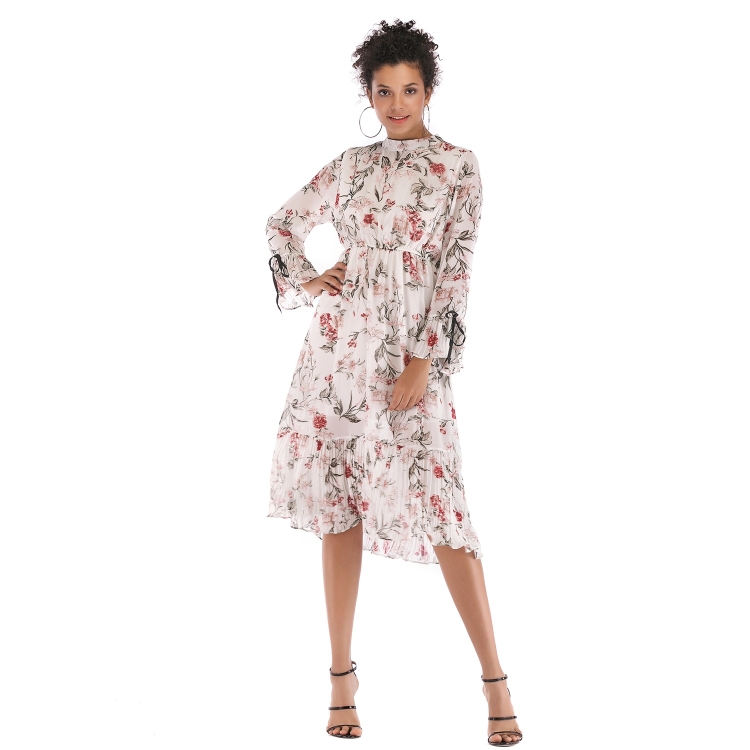 

Long-sleeved Lace-up Chiffon Skirt Dress (Color:White Size:XL)