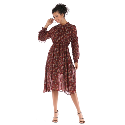 

Bow Floral Chiffon Big Swing Dress (Color:Red Size:XL)
