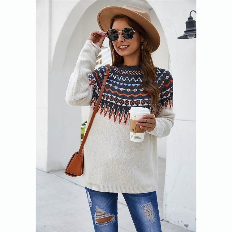 

Ferris Wheel Retro National Wind Jacquard Sweater (Color:White Size:S)