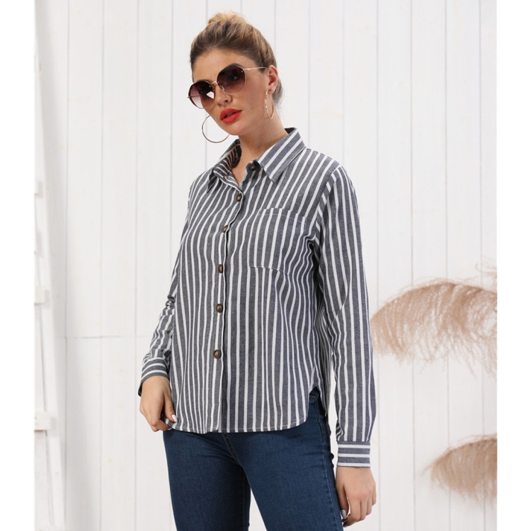 

Fashion Classic Striped Lapel Straight Buttoned Shirt (Color:Grey Size:S)