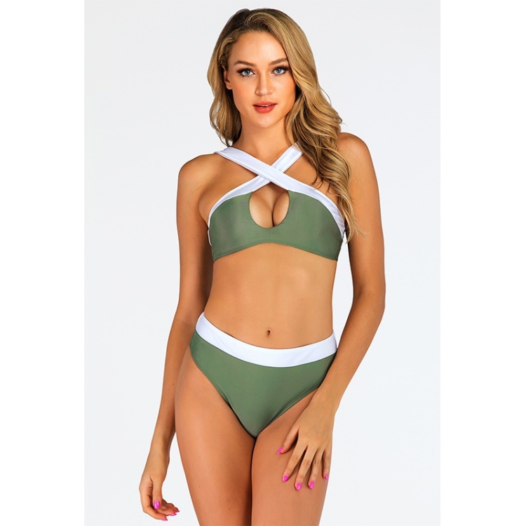

Sexy Color-block Double-sided Cross Split Bikini Swimsuit (Color:Army Green Size:XL)