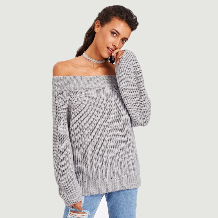 

Women Solid Color Neck Long Sleeve Pullover(Color:Grey Size:One Size)