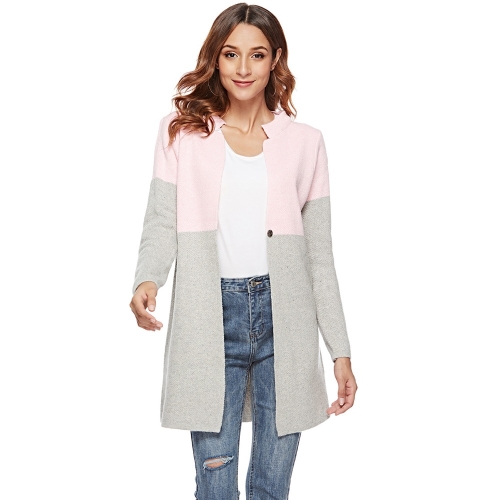 

Women Contrast Round Neck Long Sleeve Knit Jacket(Color:Pink Size:One Size)