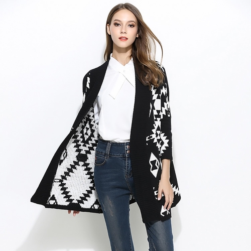 

Women Rhombus Jacquard Round Neck Knit Jacket(Color:Black Size:One Size)